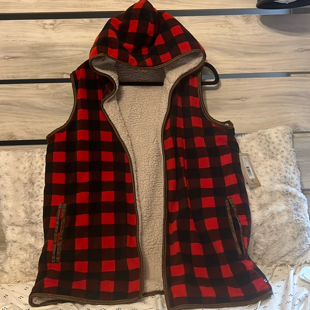 Buffalo plaid Sherpa lined hooded vest
